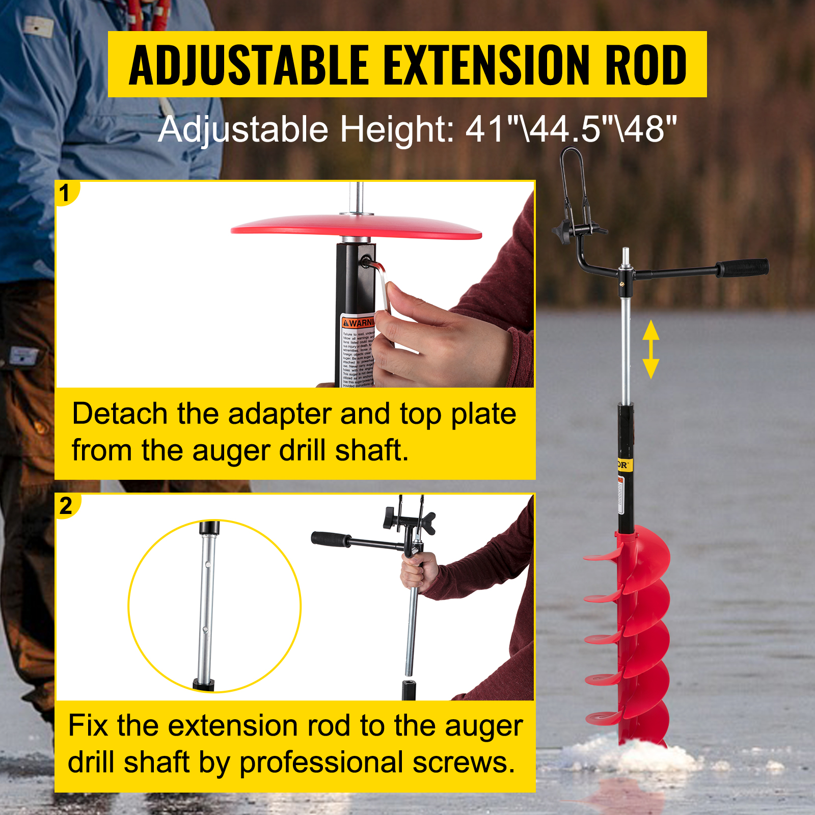 adjustable extension rod for VEVOR ice drill auger, showing detaching and fixing steps.