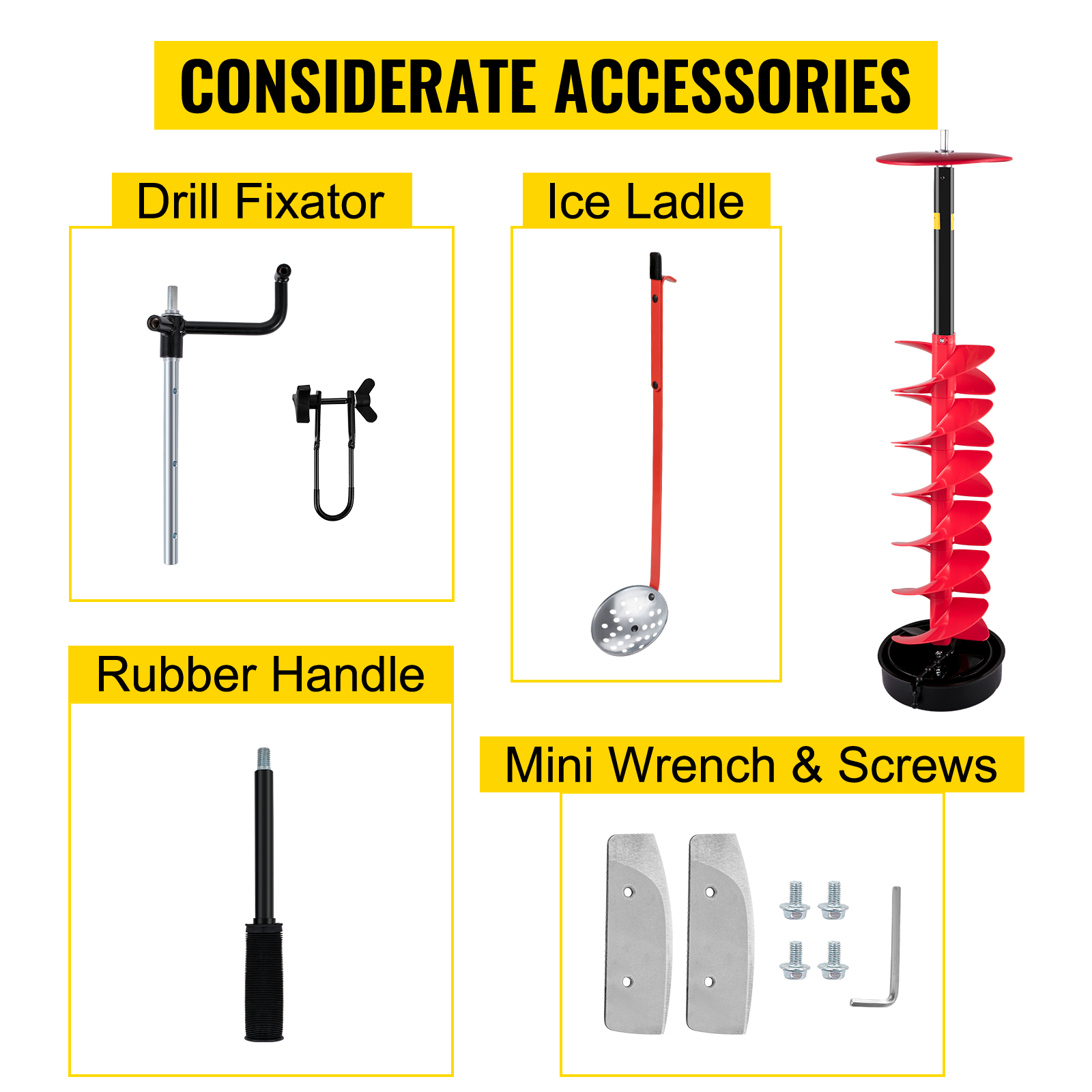 VEVOR ice drill auger accessories: drill fixator, ice ladle, rubber handle, mini wrench, screws.