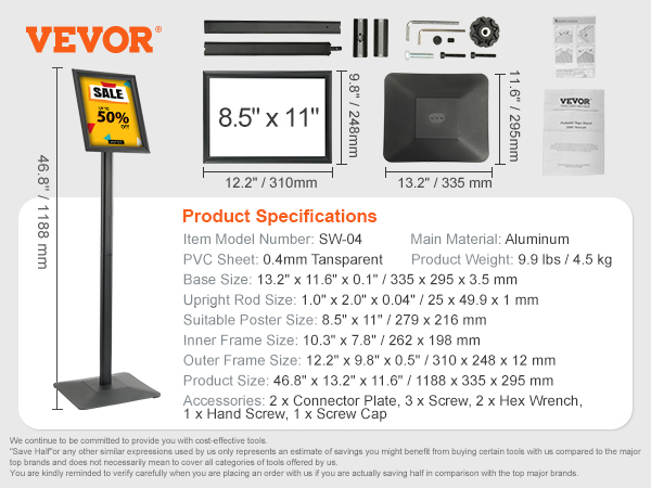 VEVOR pedestal sign holder with dimensions, aluminum material, and complete accessories.