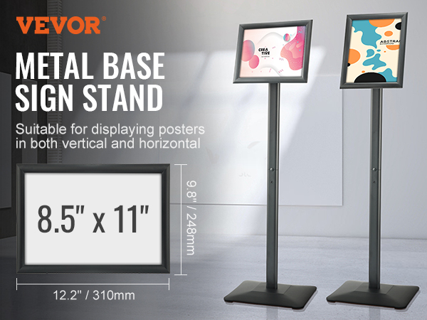VEVOR pedestal sign holder with metal base displaying posters in vertical and horizontal positions.