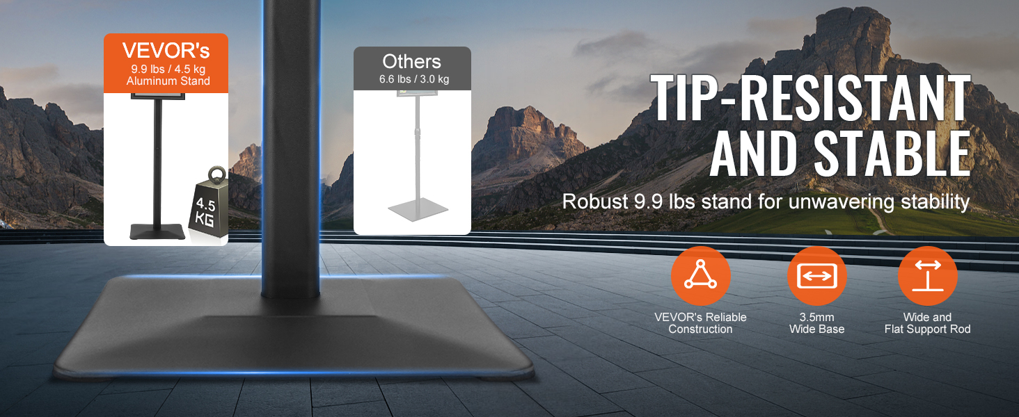 VEVOR pedestal sign holder with robust 9.9 lbs aluminum stand, 3.5mm wide base, and flat support rod.