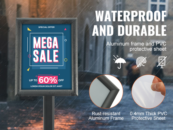 VEVOR pedestal sign holder: waterproof, durable aluminum frame, pvc sheet, mega sale up to 60% off.