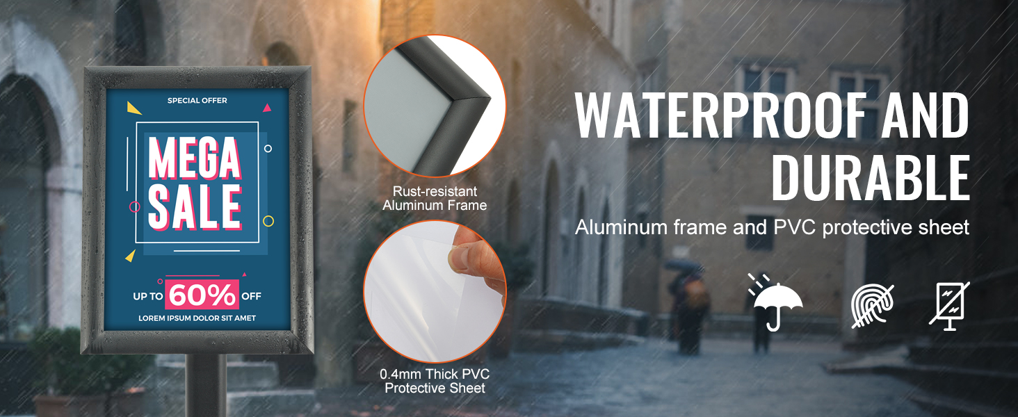 VEVOR pedestal sign holder: waterproof, durable aluminum frame, pvc sheet, mega sale up to 60% off.
