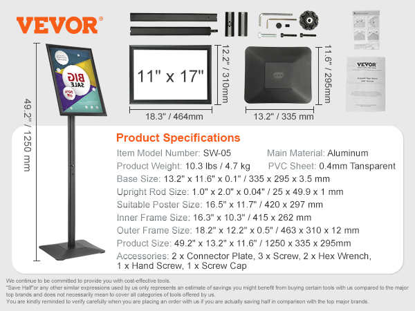 VEVOR pedestal sign holder with product specifications, aluminum material, and accessories.