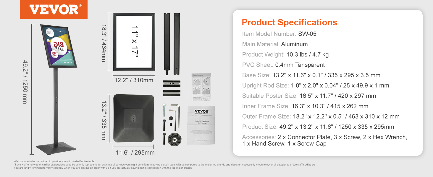 VEVOR pedestal sign holder with product specifications, aluminum material, and accessories.