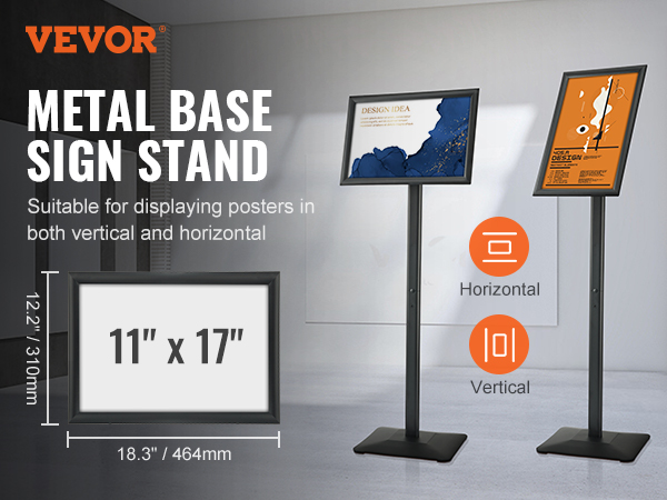 VEVOR pedestal sign holder displaying posters in horizontal and vertical formats, 11" x 17".
