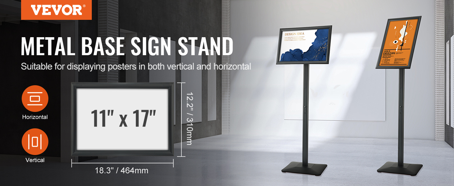 VEVOR pedestal sign holder displaying posters in horizontal and vertical formats, 11" x 17".