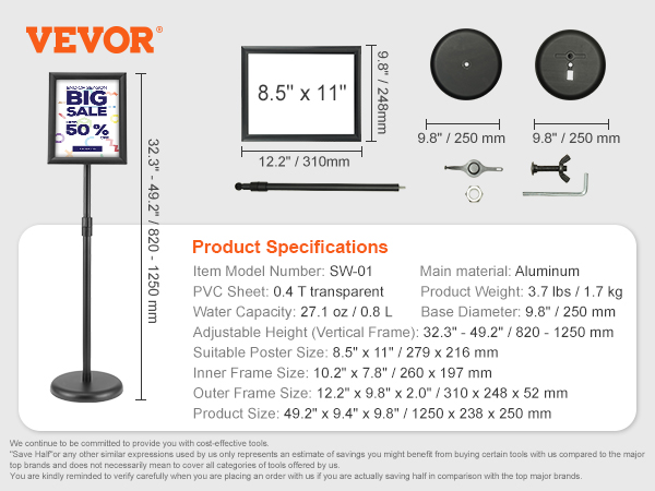 VEVOR pedestal sign holder with adjustable height, aluminum frame, and 8.5"x11" poster display.