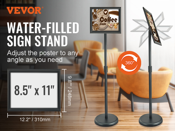 VEVOR pedestal sign holder in café, showcasing adjustable 8.5"x11" poster frame with 360° rotation.