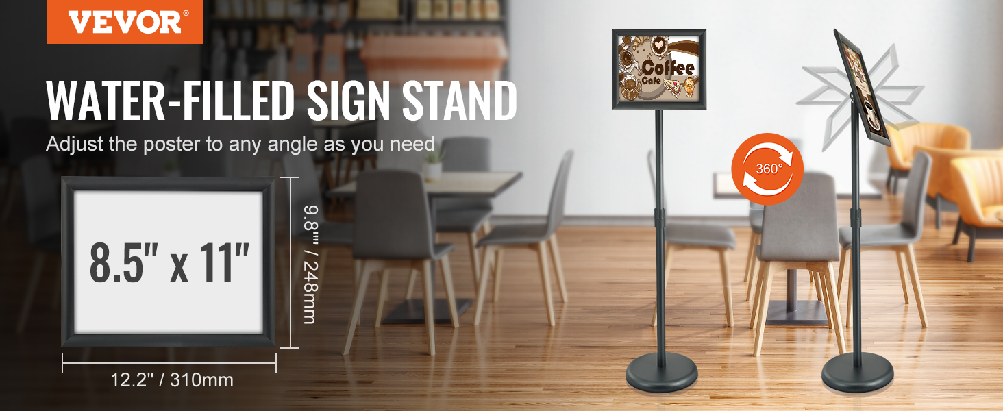 VEVOR pedestal sign holder in café, showcasing adjustable 8.5"x11" poster frame with 360° rotation.