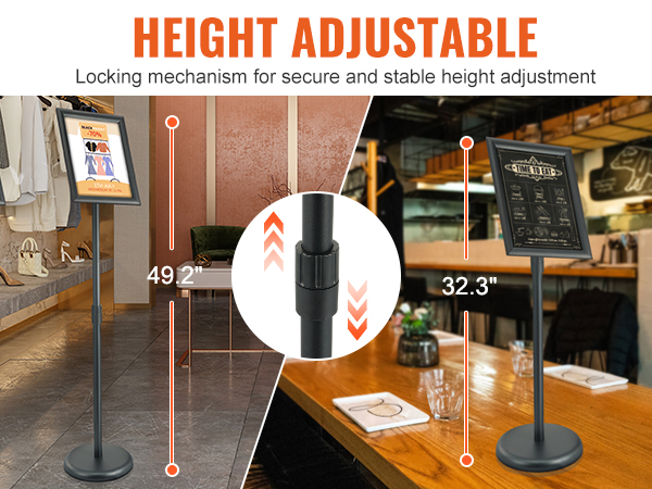 VEVOR pedestal sign holder with adjustable height, showcasing its 49.2" and 32.3" height ranges.