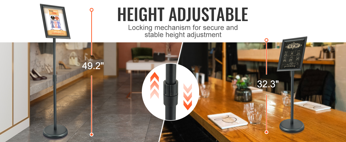 VEVOR pedestal sign holder with adjustable height, showcasing its 49.2" and 32.3" height ranges.