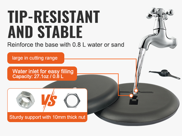 tip-resistant base for VEVOR pedestal sign holder with 0.8 l water/sand capacity, sturdy 10mm nut.