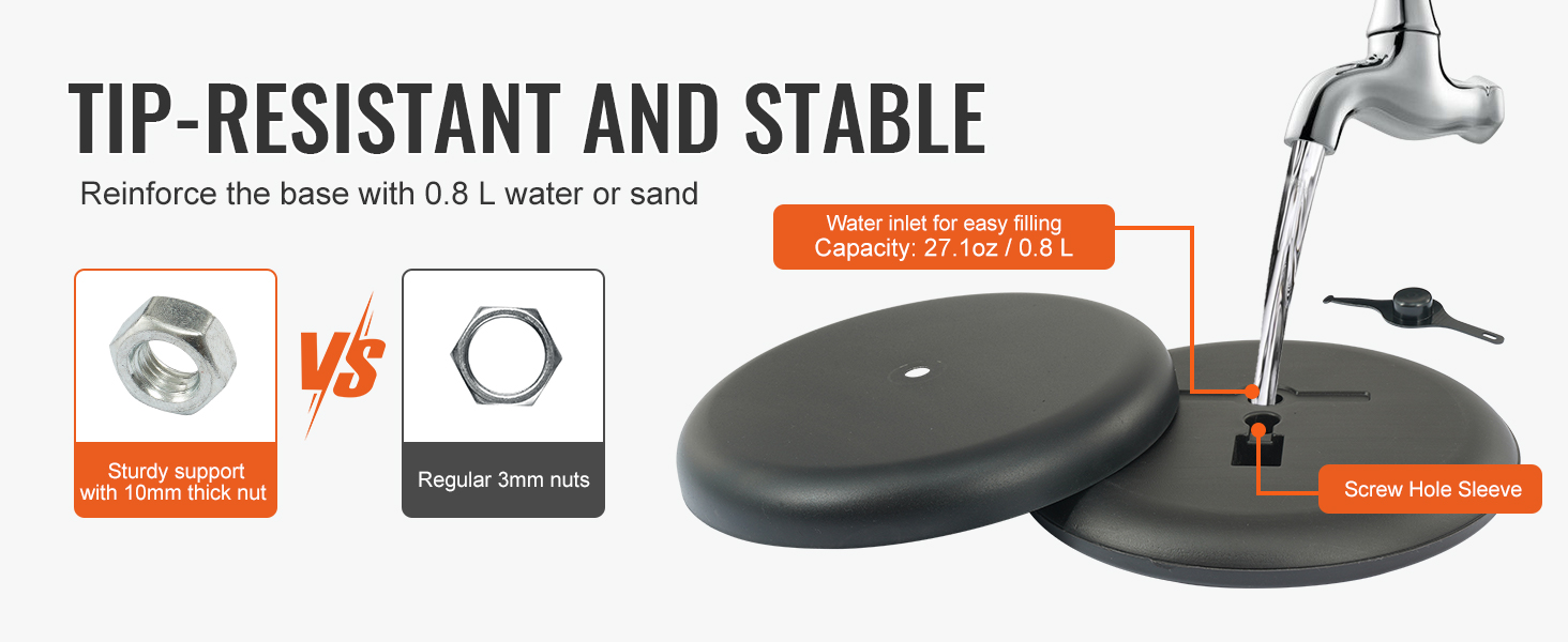 tip-resistant base for VEVOR pedestal sign holder with 0.8 l water/sand capacity, sturdy 10mm nut.