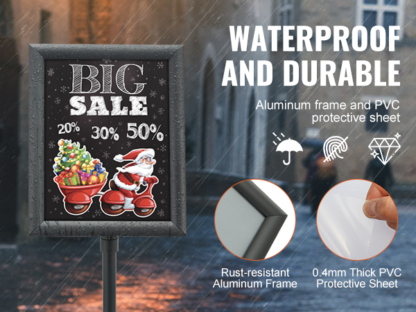 VEVOR pedestal sign holder with aluminum frame, pvc protective sheet, waterproof and durable.