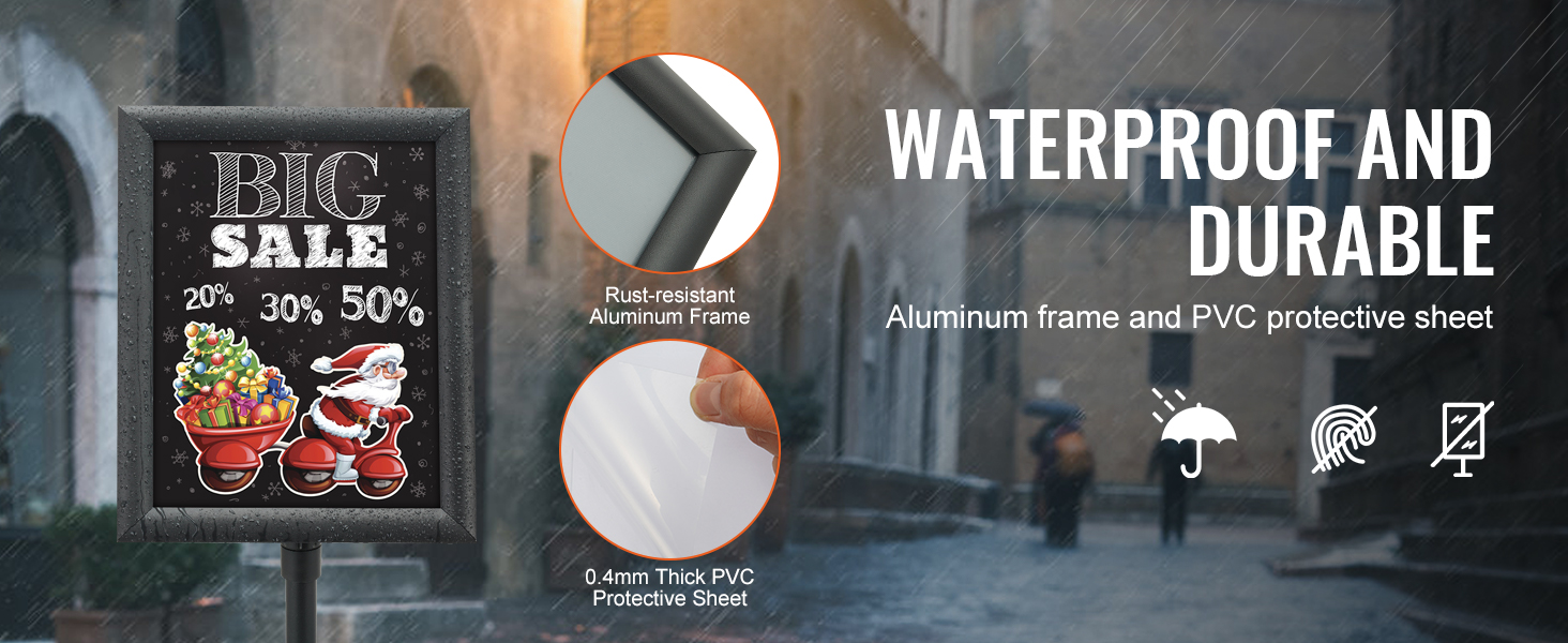 VEVOR pedestal sign holder with aluminum frame, pvc protective sheet, waterproof and durable.