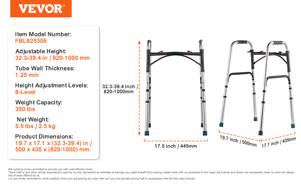 VEVOR folding walker, adjustable height 32.3-39.4 in, 8-level adjustment, 350 lbs capacity, lightweight 5.5 lbs.
