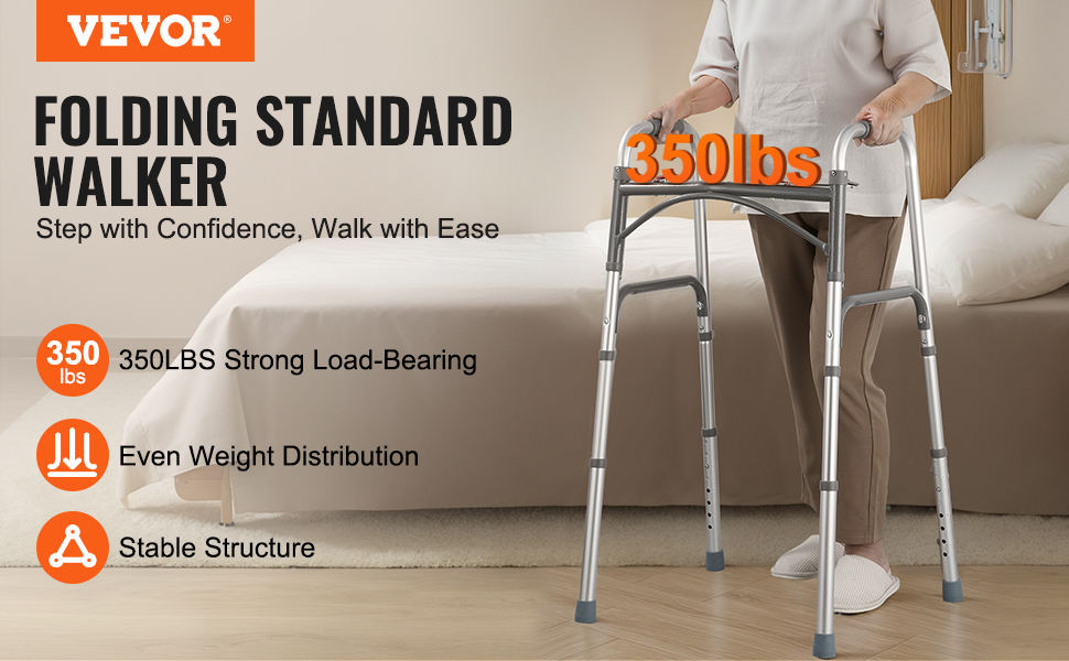 VEVOR folding walker supports 350lbs with stable structure, even weight distribution, ideal for confident walking.