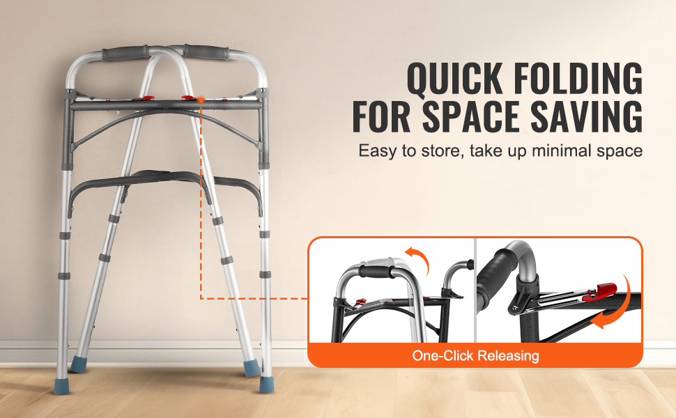 VEVOR folding walker with quick folding for space-saving storage, and one-click releasing mechanism.