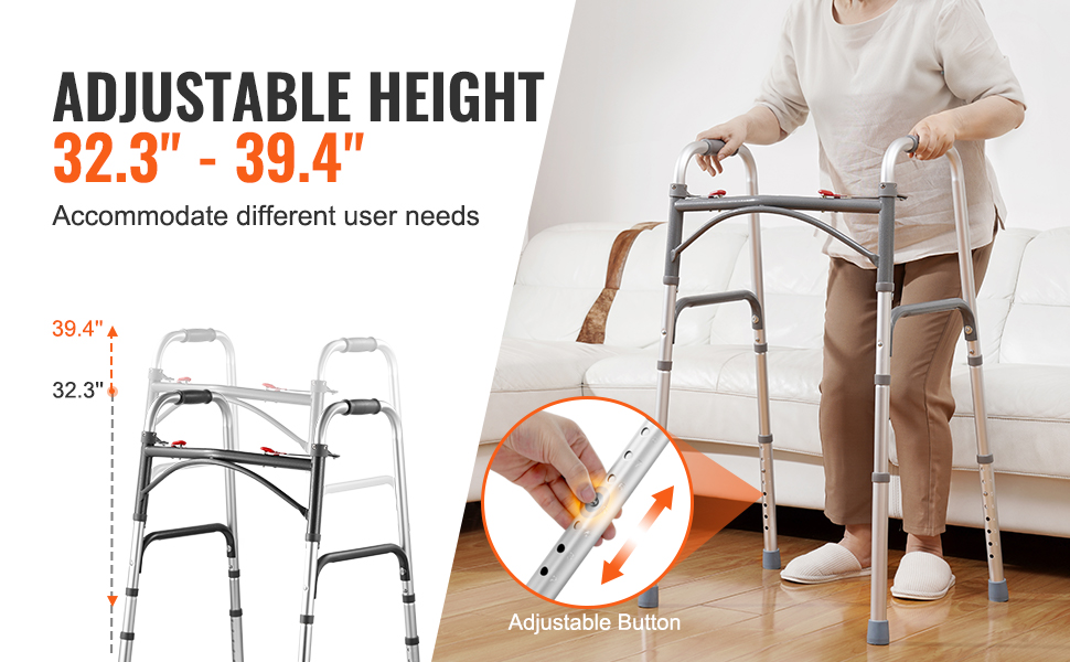 adjustable VEVOR folding walker height from 32.3" to 39.4" for various user needs, person using walker.