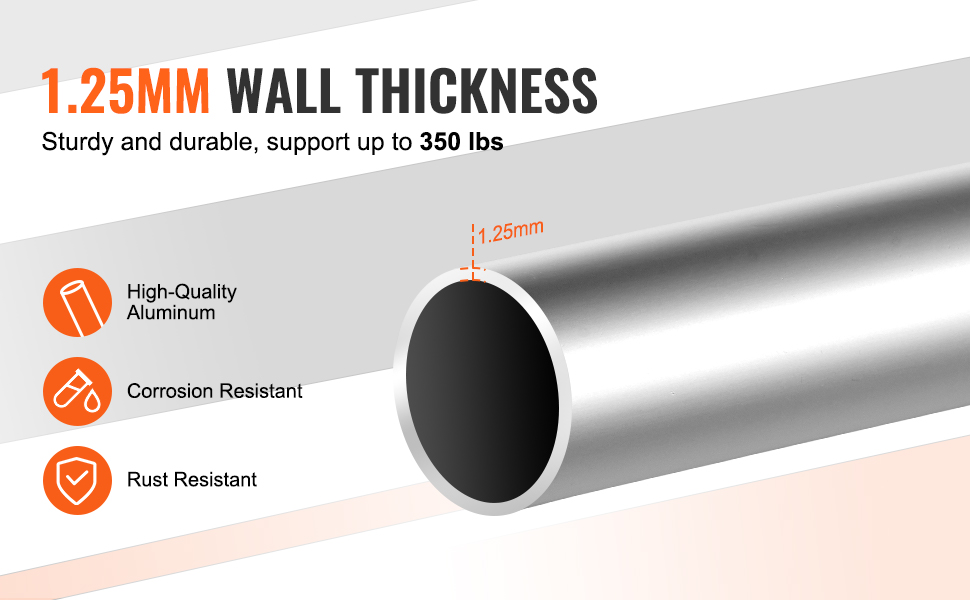 1.25mm wall thickness aluminum pipe, supports up to 350lbs. high-quality, corrosion and rust resistant.