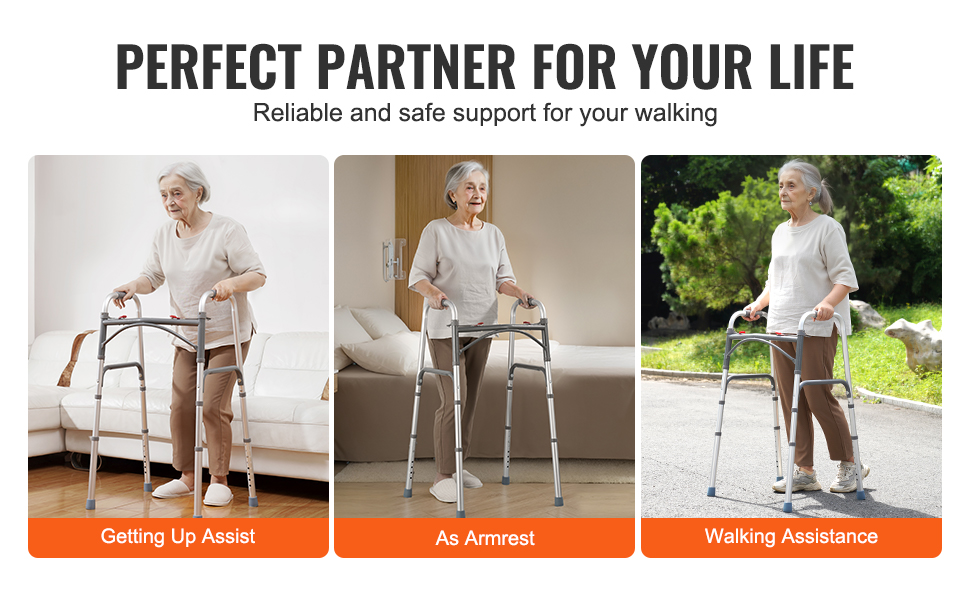VEVOR folding walker: reliable support for getting up, armrest, and walking assistance indoors and outdoors.