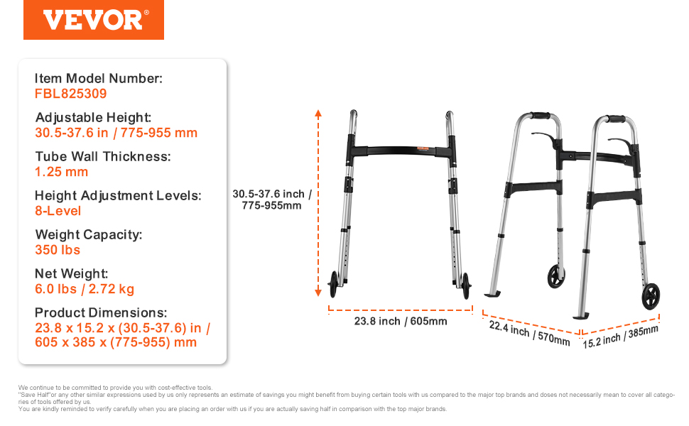 VEVOR folding walker specifications with dimensions and adjustable height, sturdy design for easy mobility.