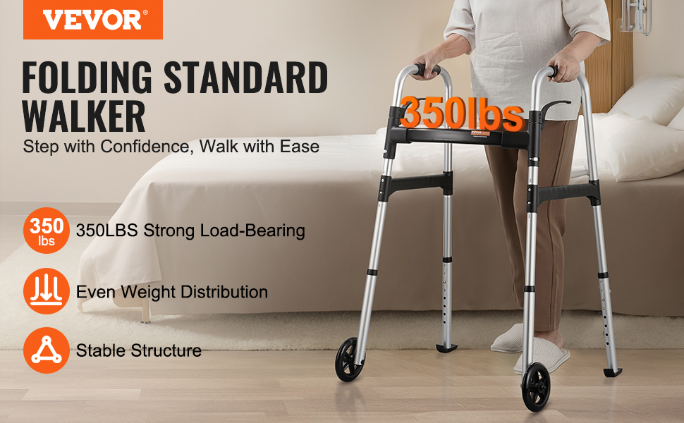VEVOR folding walker, 350 lbs strong load-bearing, even weight distribution, stable structure.