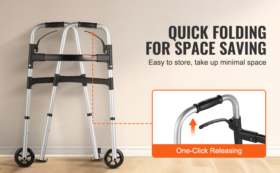 quick-folding VEVOR folding walker with wheels, easy storage, one-click release, space-saving design.