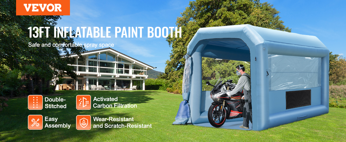 VEVOR inflatable paint booth: 13ft spray space, double-stitched, easy assembly, wear-resistant, carbon filtration.