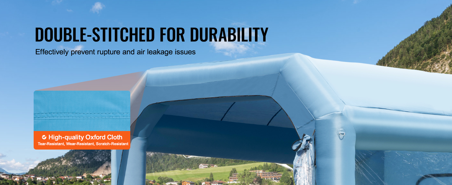VEVOR inflatable paint booth with durable double-stitched high-quality oxford cloth against a scenic backdrop.