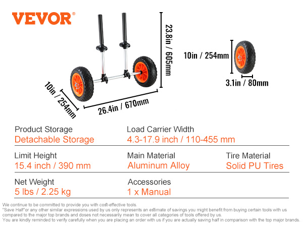 VEVOR heavy duty kayak cart with aluminum alloy frame, solid pu tires, and detachable storage.
