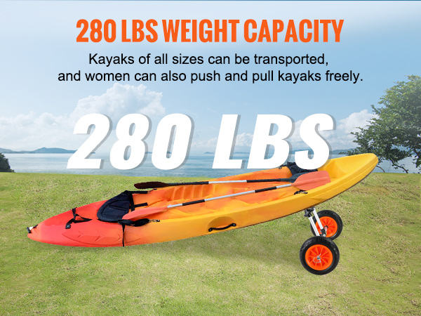 VEVOR heavy duty kayak cart with 280 lbs weight capacity, transporting an orange kayak on grass.