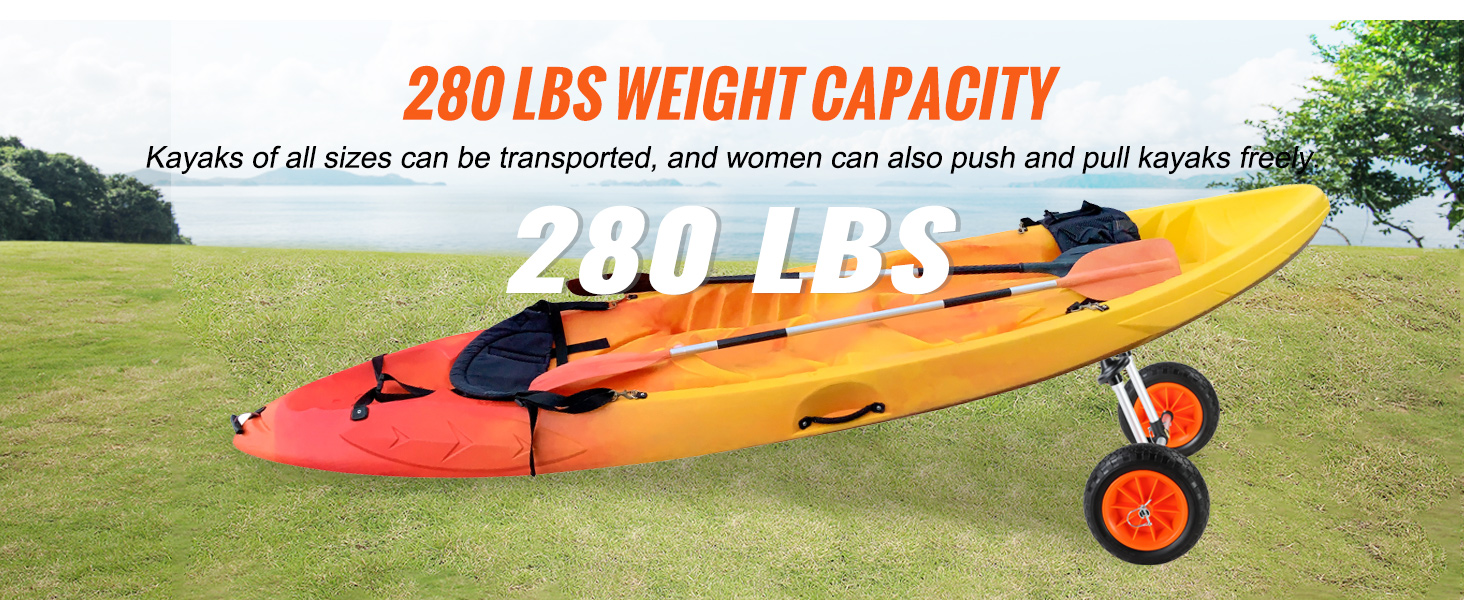 VEVOR heavy duty kayak cart with 280 lbs weight capacity, transporting an orange kayak on grass.