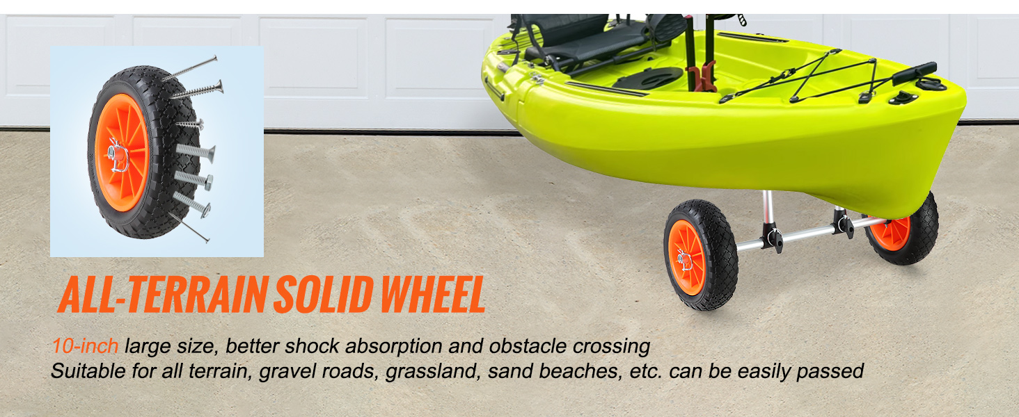 VEVOR heavy duty kayak cart with 10-inch solid all-terrain wheels for easy transportation.
