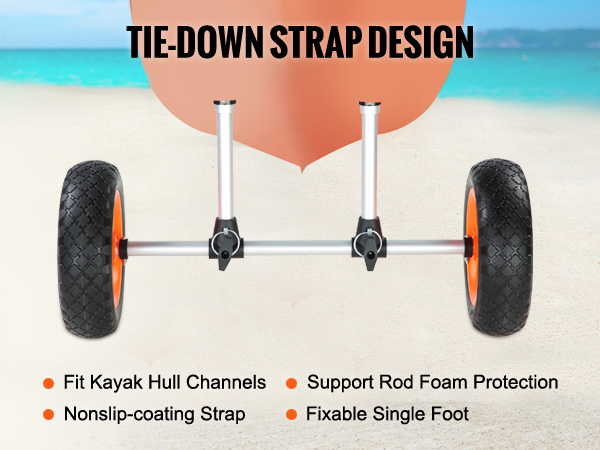 VEVOR heavy duty kayak cart showcasing tie-down strap design, large wheels, and beach background.
