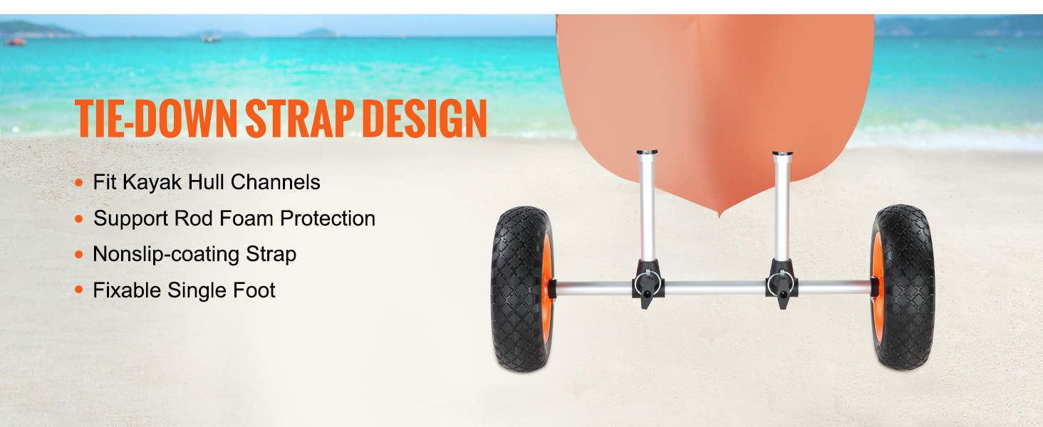 VEVOR heavy duty kayak cart showcasing tie-down strap design, large wheels, and beach background.