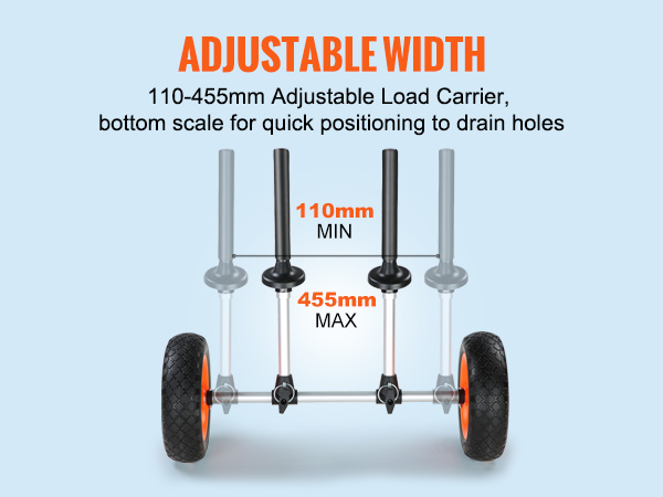 VEVOR heavy duty kayak cart with adjustable width from 110mm to 455mm and bottom scale for positioning.