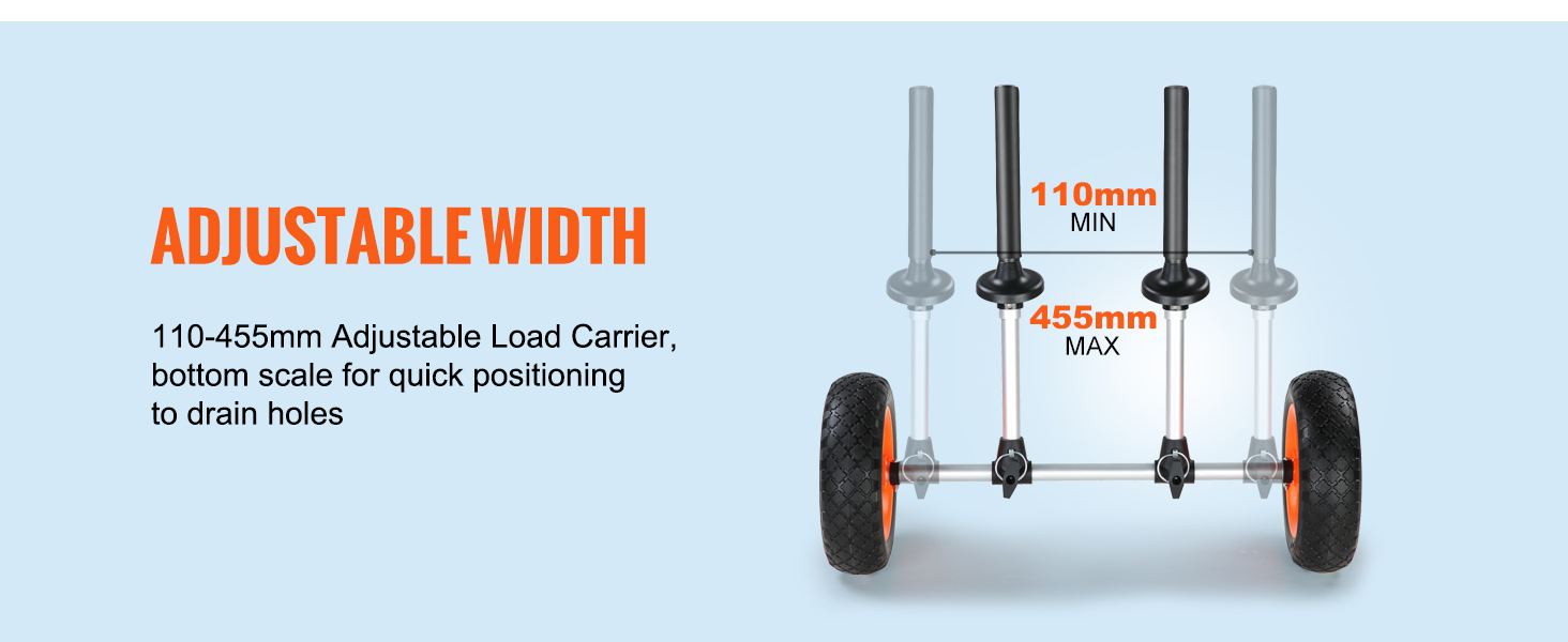 VEVOR heavy duty kayak cart with adjustable width from 110mm to 455mm and bottom scale for positioning.