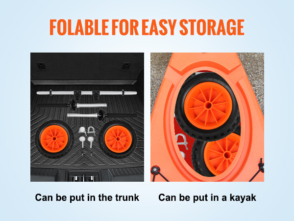 VEVOR heavy duty kayak cart with orange wheels, easy to store in trunk or kayak.