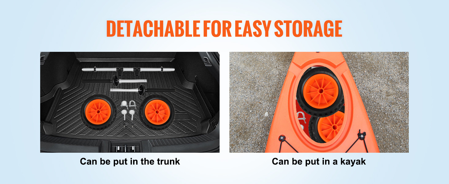 VEVOR heavy duty kayak cart with orange wheels, easy to store in trunk or kayak.