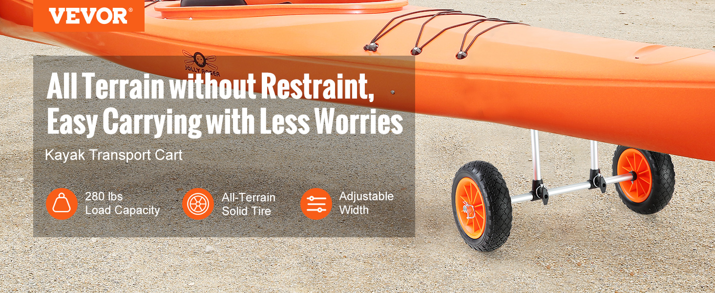 VEVOR heavy duty kayak cart with all-terrain solid tires and adjustable width for easy carrying.