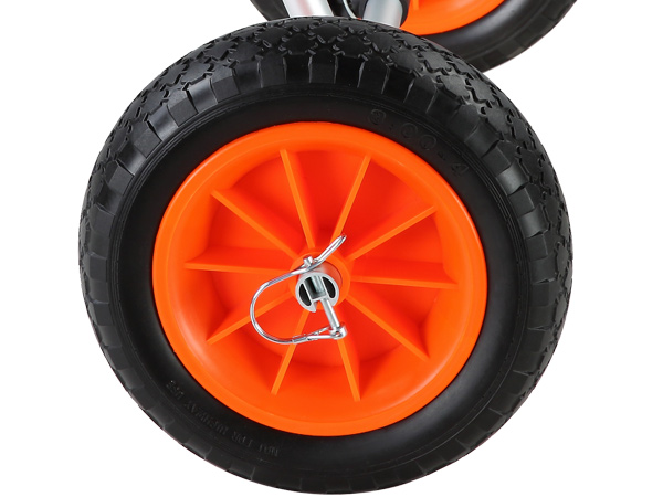 close-up of VEVOR heavy duty kayak cart with orange spoked wheels and metal pin locking mechanism.