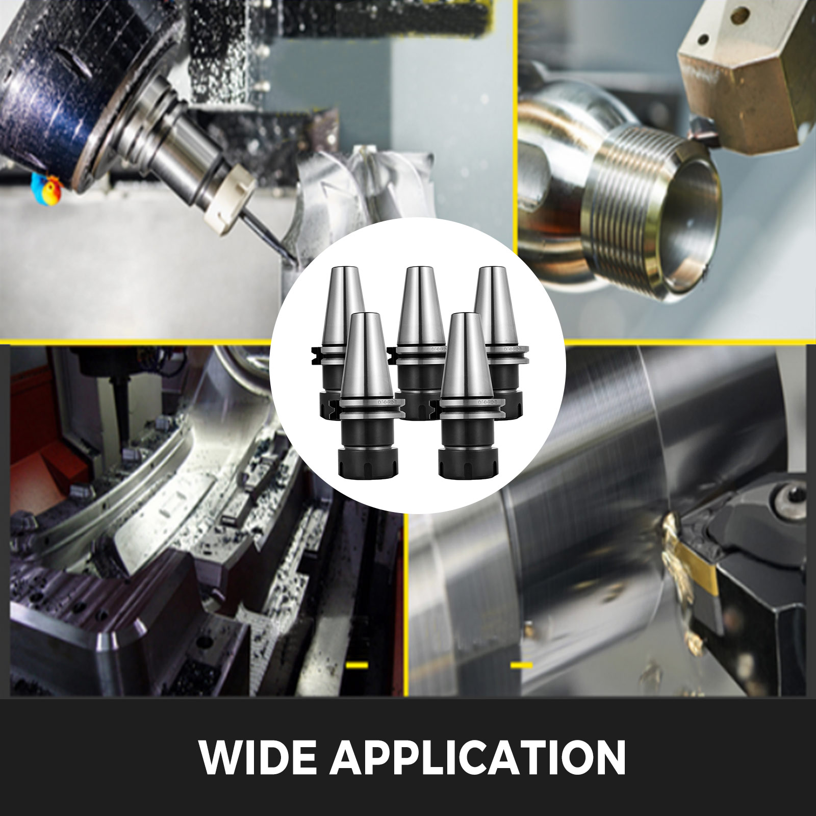 VEVOR cat40 er32 collet chuck set in various machining applications.