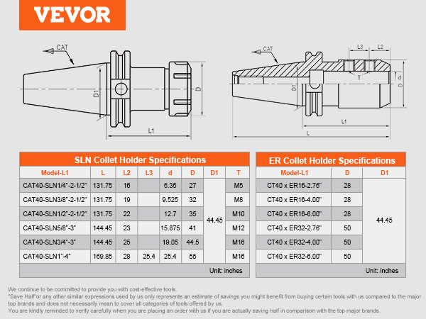 VEVOR cat40 collet holder specs and dimensions chart for sln and er models with detailed measurements.