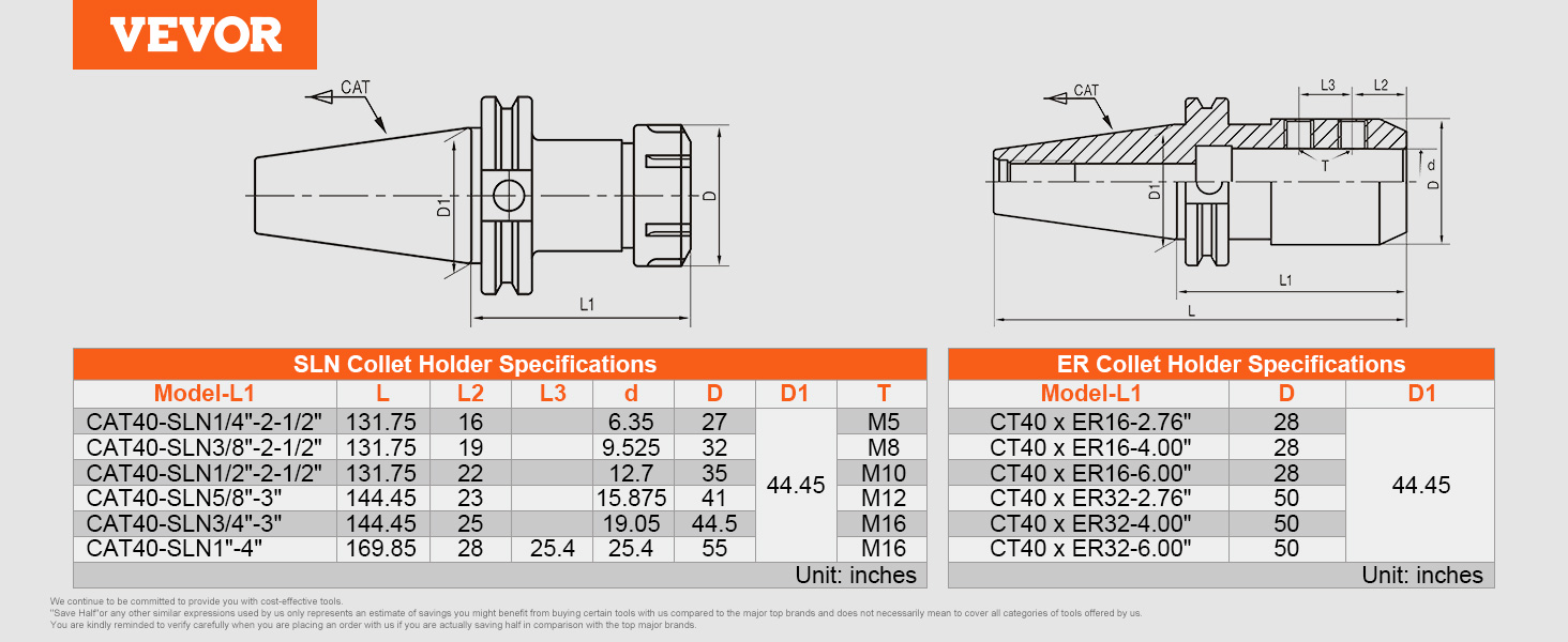 VEVOR cat40 collet holder specs and dimensions chart for sln and er models with detailed measurements.