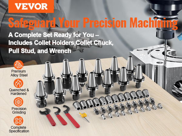 VEVOR cat40 collet holder set with collet chucks, pull studs, wrenches, and machining tools.