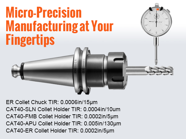 VEVOR cat40 collet holder with micron precision, cnc tool, and dial gauge for high-accuracy machining.