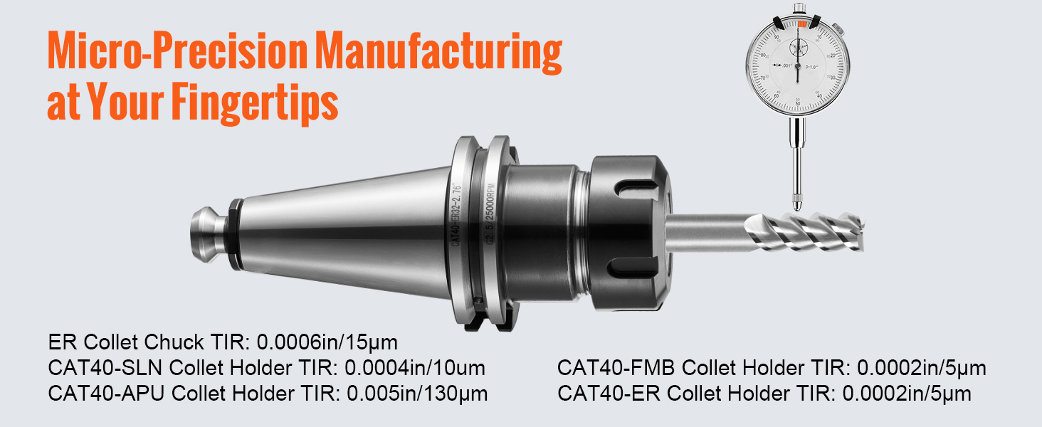 VEVOR cat40 collet holder with micron precision, cnc tool, and dial gauge for high-accuracy machining.
