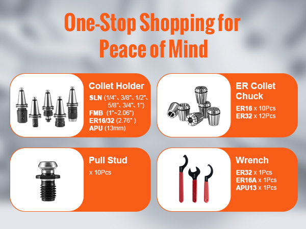 VEVOR cat40 collet holder toolset with collet holders, er collet chuck, pull stud, and wrenches.